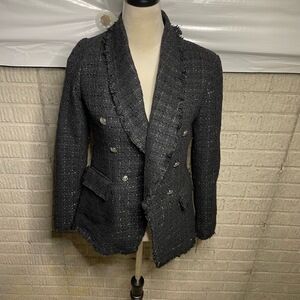 NWT Rachel Zoe Black‎ Metallic Frayed Tweed Double Breasted Blazer Size XS